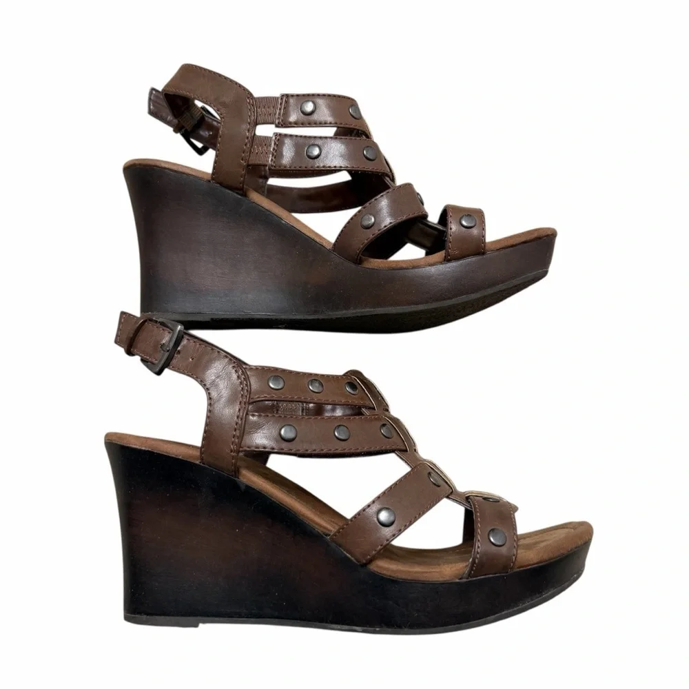 Y2K Decree Strappy Wedge Heeled Sandals Women’s 9 Brown Studded Chunky Boho